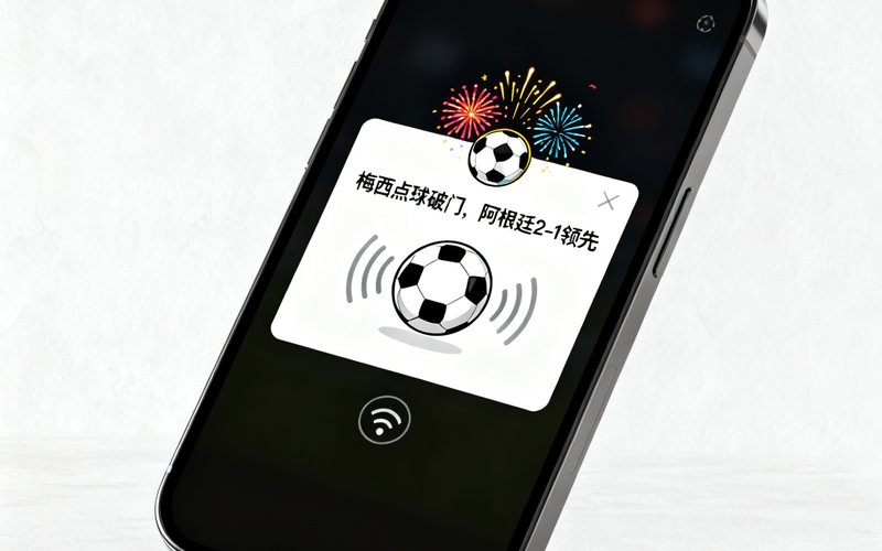 手机界面显示进球弹窗，内容为梅西点球破门，阿根廷2-1领先，带有庆祝动画和震动图标